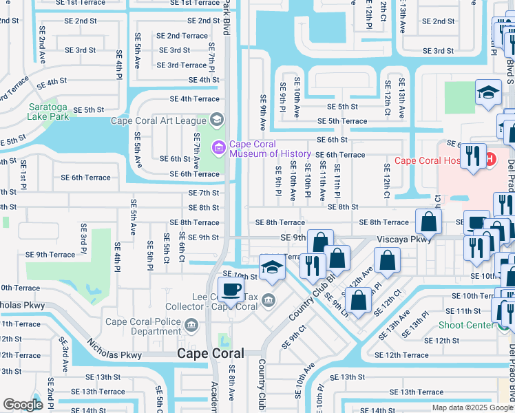 map of restaurants, bars, coffee shops, grocery stores, and more near 719 Southeast 8th Place in Cape Coral