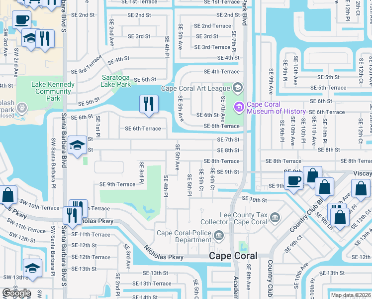 map of restaurants, bars, coffee shops, grocery stores, and more near 502 Southeast 7th Street in Cape Coral