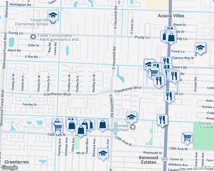 map of restaurants, bars, coffee shops, grocery stores, and more near 2653 Barkley Drive East in West Palm Beach