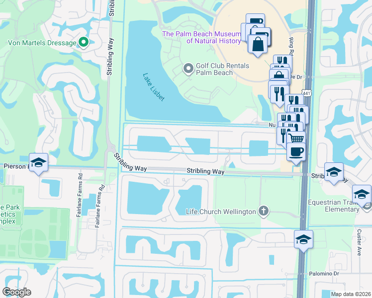 map of restaurants, bars, coffee shops, grocery stores, and more near 10760 Pisa Road in Wellington