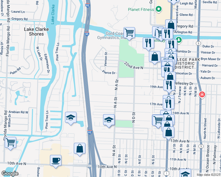 map of restaurants, bars, coffee shops, grocery stores, and more near 1726 19th Avenue North in Lake Worth