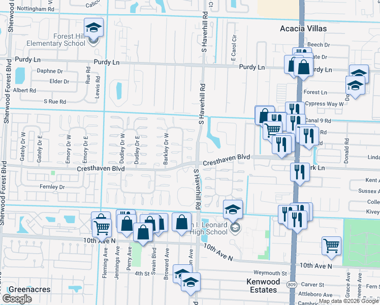 map of restaurants, bars, coffee shops, grocery stores, and more near 2653 Barkley Drive East in West Palm Beach