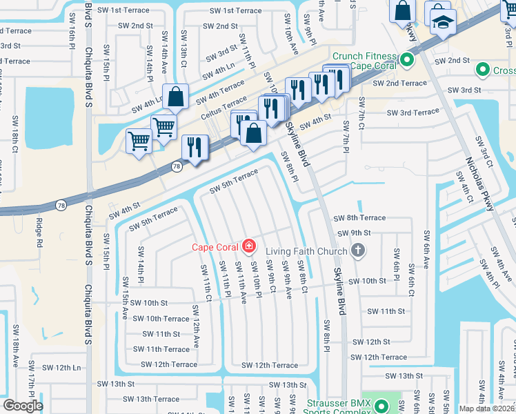 map of restaurants, bars, coffee shops, grocery stores, and more near 615 Southwest 9th Court in Cape Coral