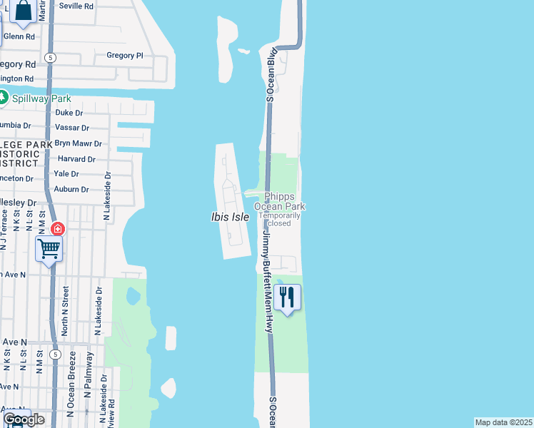 map of restaurants, bars, coffee shops, grocery stores, and more near 2201 South Ocean Boulevard in Palm Beach