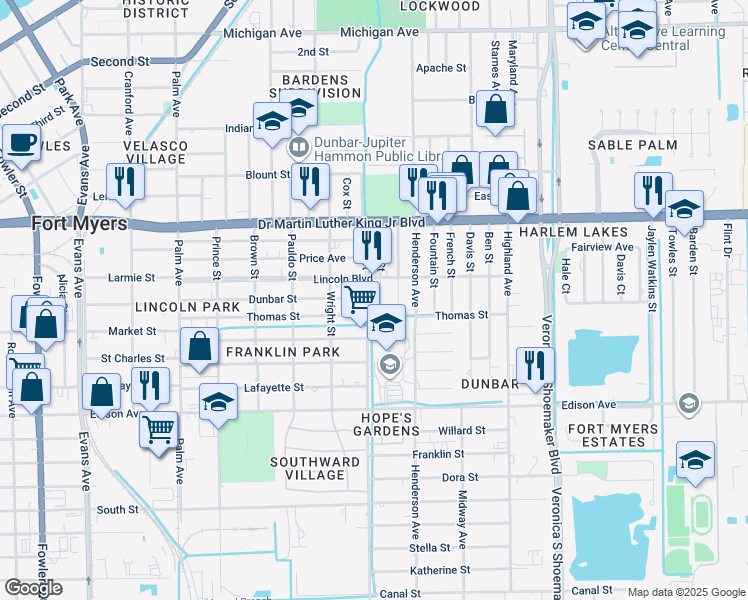 map of restaurants, bars, coffee shops, grocery stores, and more near 2205 Cuba Street in Fort Myers