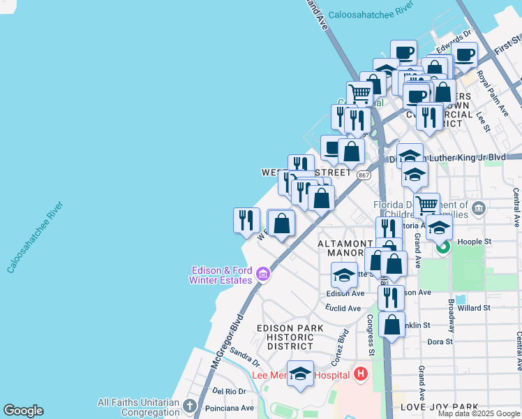 map of restaurants, bars, coffee shops, grocery stores, and more near 1925 Virginia Avenue in Fort Myers