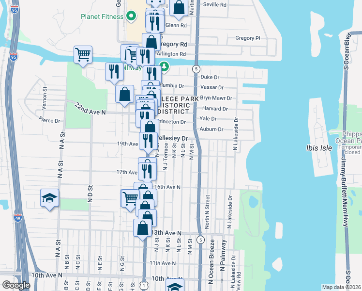 map of restaurants, bars, coffee shops, grocery stores, and more near 225 Wellesley Drive in Lake Worth