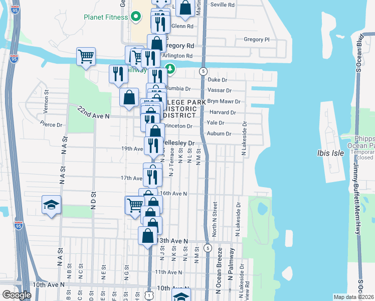 map of restaurants, bars, coffee shops, grocery stores, and more near 1817 North L Street in Lake Worth Beach