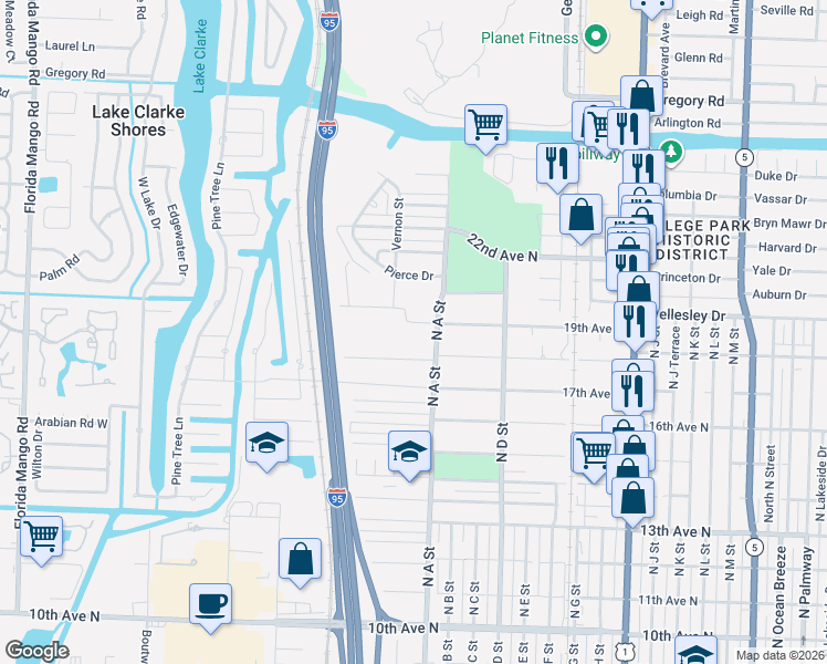 map of restaurants, bars, coffee shops, grocery stores, and more near 1726 19th Avenue North in Lake Worth
