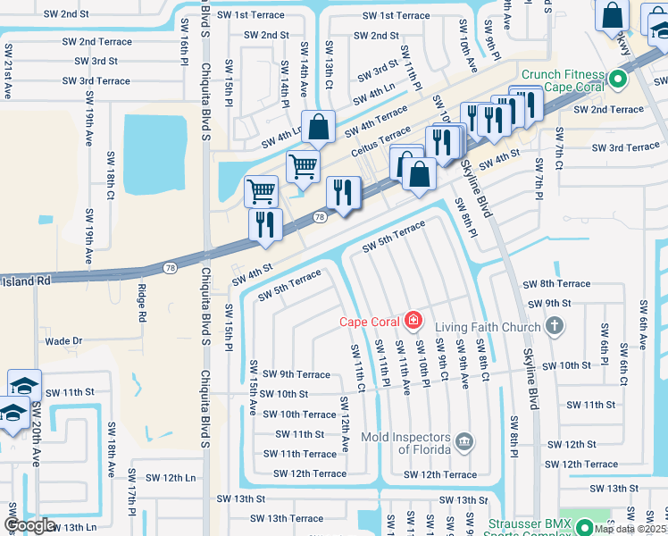 map of restaurants, bars, coffee shops, grocery stores, and more near 502 Southwest 11th Place in Cape Coral