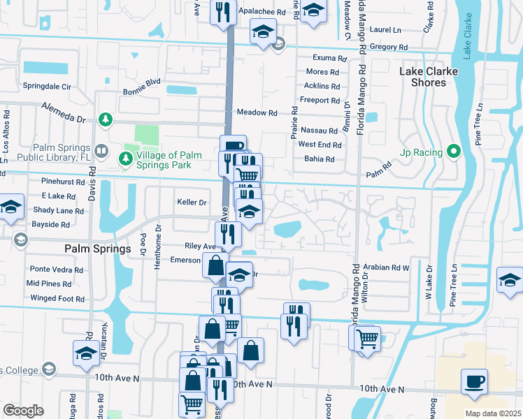 map of restaurants, bars, coffee shops, grocery stores, and more near 1700 South Congress Avenue in Palm Springs
