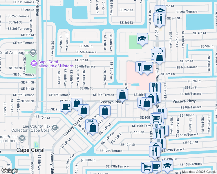 map of restaurants, bars, coffee shops, grocery stores, and more near 1248 Southeast 7th Street in Cape Coral