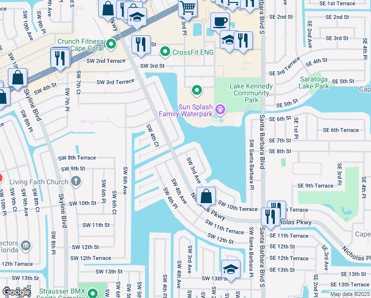 map of restaurants, bars, coffee shops, grocery stores, and more near 201 Southwest 8th Street in Cape Coral