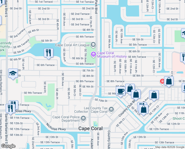 map of restaurants, bars, coffee shops, grocery stores, and more near 620 Southeast 7th Street in Cape Coral