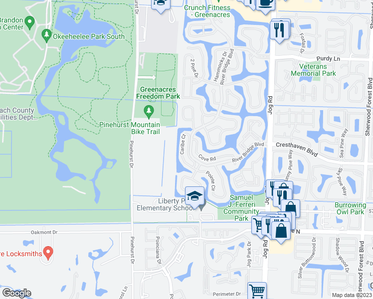 map of restaurants, bars, coffee shops, grocery stores, and more near 232 Caribe Court in Greenacres