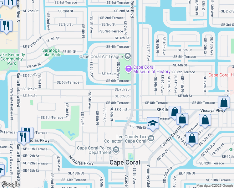 map of restaurants, bars, coffee shops, grocery stores, and more near 546 Southeast 7th Street in Cape Coral