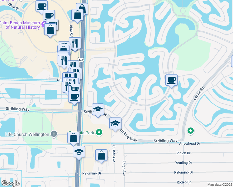 map of restaurants, bars, coffee shops, grocery stores, and more near 2776 Shaughnessy Drive in Wellington