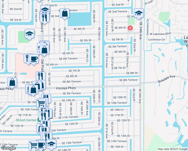 map of restaurants, bars, coffee shops, grocery stores, and more near Southeast 20th Place in Cape Coral