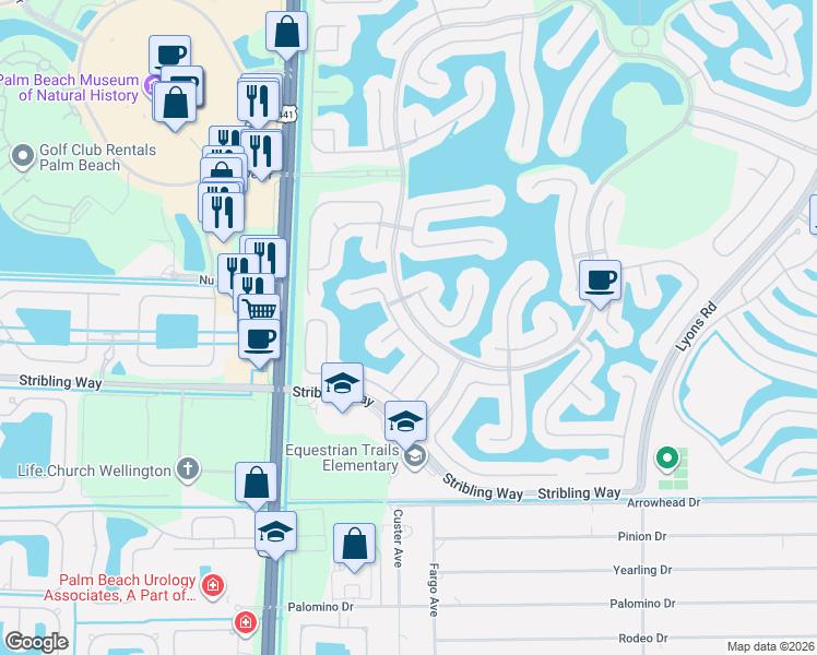 map of restaurants, bars, coffee shops, grocery stores, and more near 2768 Shaughnessy Drive in Wellington