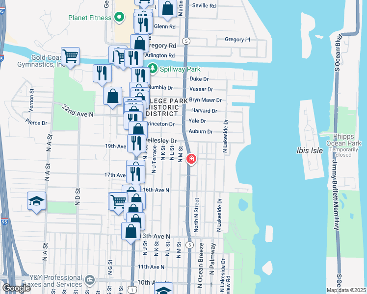 map of restaurants, bars, coffee shops, grocery stores, and more near in Lake Worth Beach