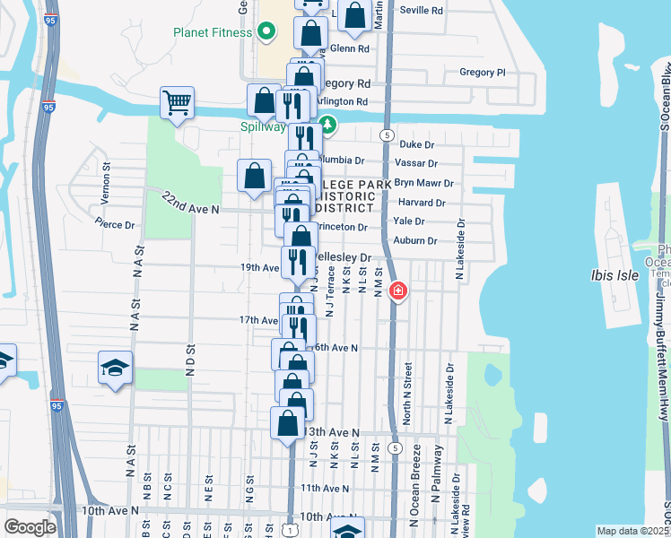 map of restaurants, bars, coffee shops, grocery stores, and more near 311 Wellesley Drive in Lake Worth Beach