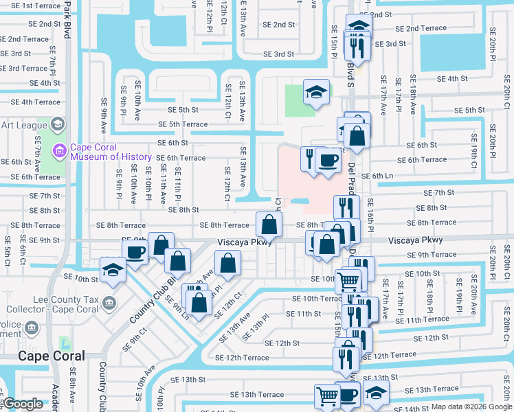 map of restaurants, bars, coffee shops, grocery stores, and more near 1308 Southeast 7th Street in Cape Coral