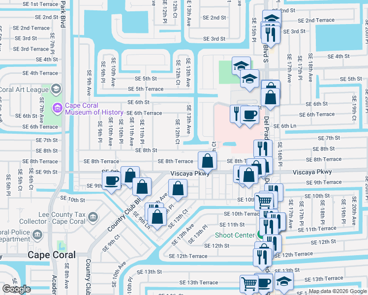 map of restaurants, bars, coffee shops, grocery stores, and more near 1248 Southeast 7th Street in Cape Coral