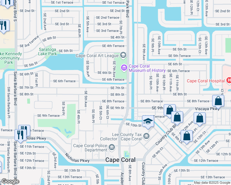map of restaurants, bars, coffee shops, grocery stores, and more near 620 Southeast 7th Street in Cape Coral