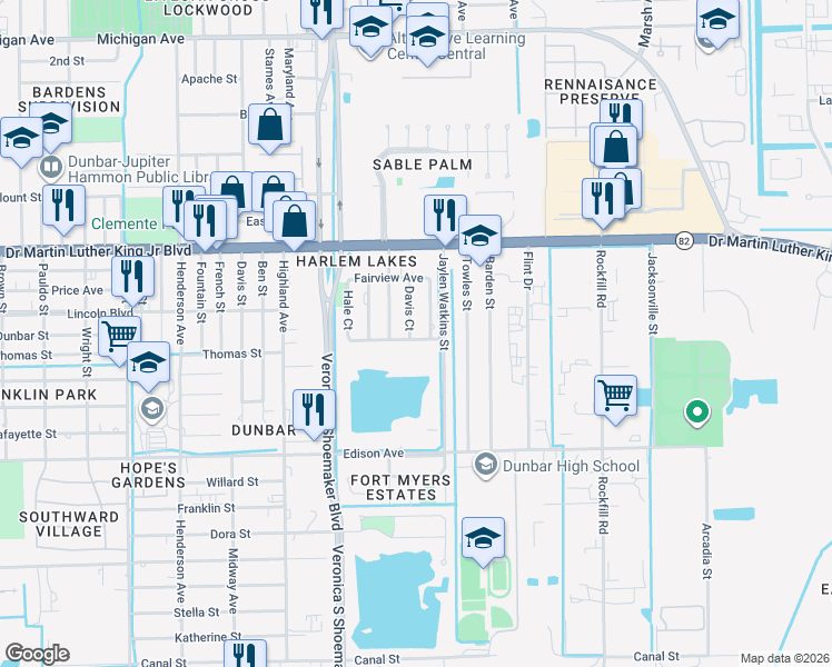 map of restaurants, bars, coffee shops, grocery stores, and more near 2169 Davis Court in Fort Myers