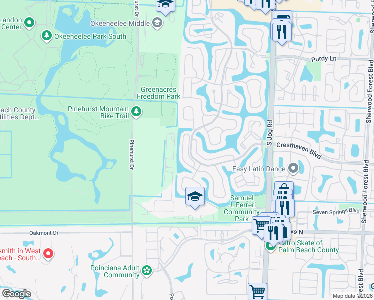 map of restaurants, bars, coffee shops, grocery stores, and more near 232 Caribe Court in Greenacres