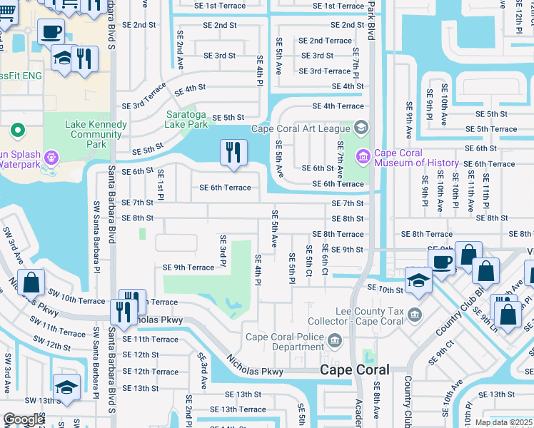 map of restaurants, bars, coffee shops, grocery stores, and more near 502 Southeast 7th Street in Cape Coral
