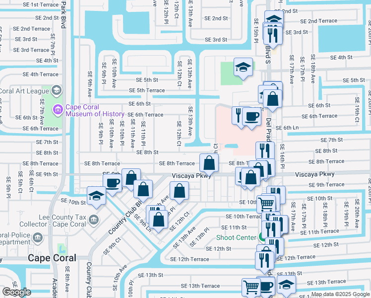 map of restaurants, bars, coffee shops, grocery stores, and more near 1245 Southeast 8th Street in Cape Coral