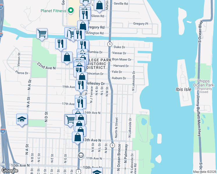map of restaurants, bars, coffee shops, grocery stores, and more near 1824 North M Street in Lake Worth
