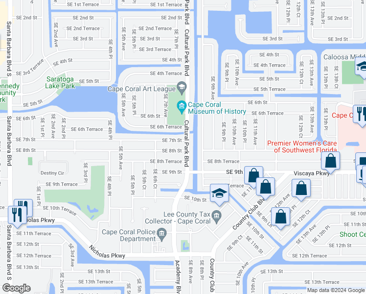 map of restaurants, bars, coffee shops, grocery stores, and more near 717 Southeast 8th Street in Cape Coral