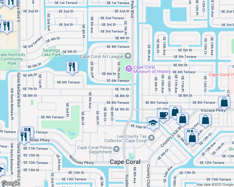 map of restaurants, bars, coffee shops, grocery stores, and more near 607 Southeast 8th Street in Cape Coral