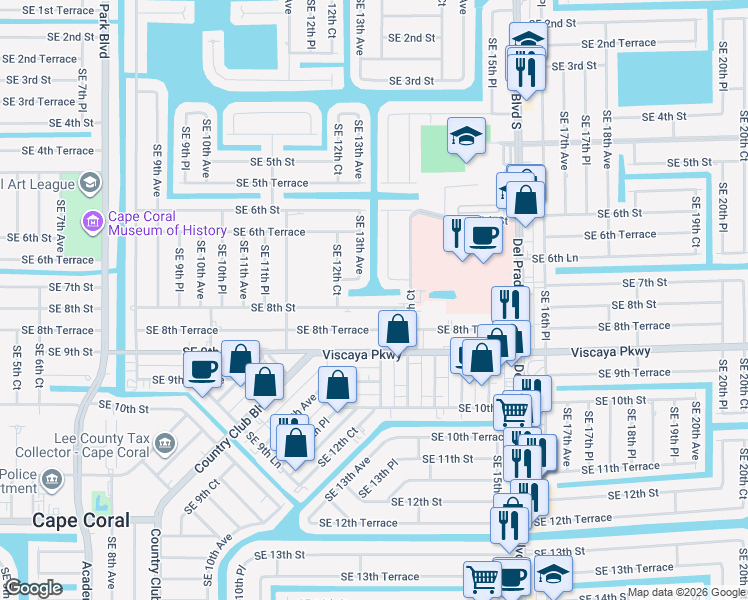 map of restaurants, bars, coffee shops, grocery stores, and more near 1308 Southeast 7th Street in Cape Coral
