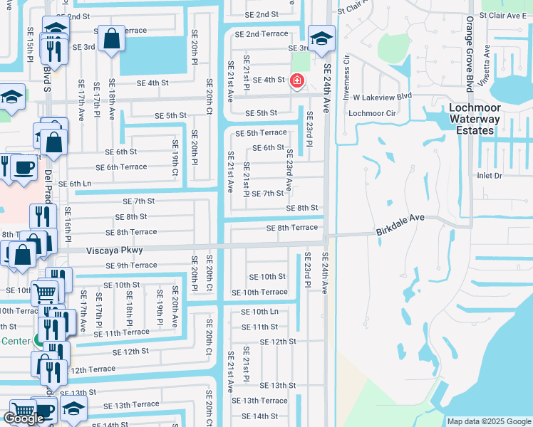 map of restaurants, bars, coffee shops, grocery stores, and more near 2123 Southeast 8th Street in Cape Coral