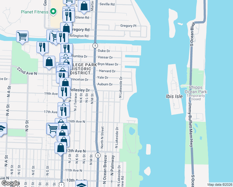 map of restaurants, bars, coffee shops, grocery stores, and more near 1901 North Lakeside Drive in Lake Worth