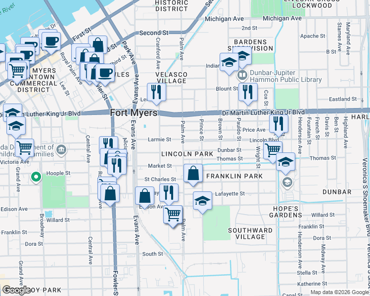 map of restaurants, bars, coffee shops, grocery stores, and more near 2116 Palm Avenue in Fort Myers