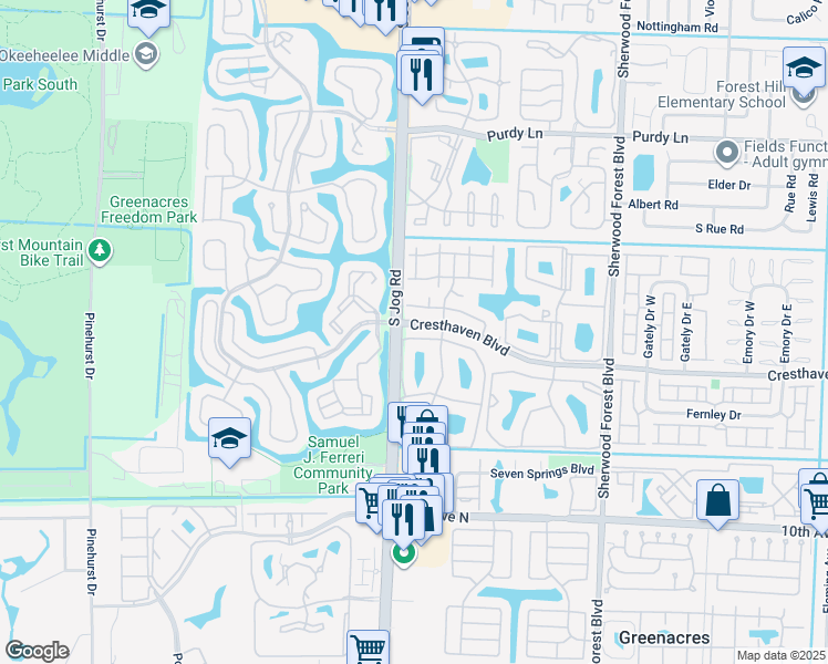 map of restaurants, bars, coffee shops, grocery stores, and more near 725 Sunny Pine Way in Greenacres