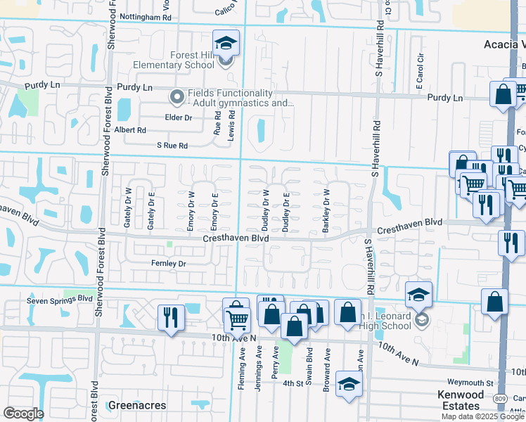 map of restaurants, bars, coffee shops, grocery stores, and more near 2655 Dudley Drive East in West Palm Beach