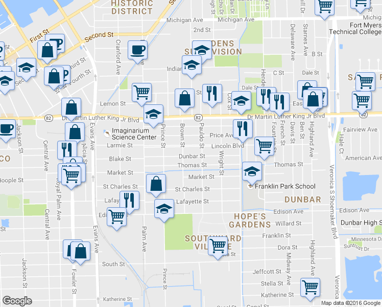map of restaurants, bars, coffee shops, grocery stores, and more near 2984 Lincoln Boulevard in Fort Myers