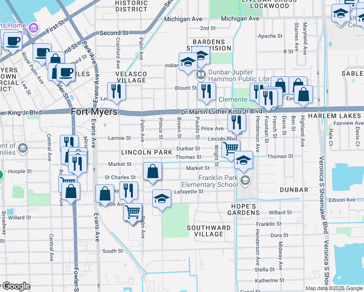 map of restaurants, bars, coffee shops, grocery stores, and more near 2936 Lincoln Boulevard in Fort Myers