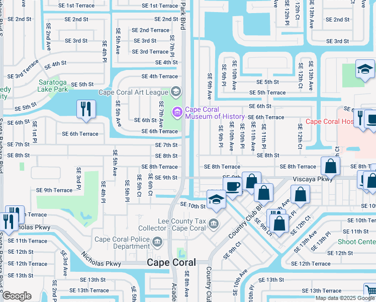 map of restaurants, bars, coffee shops, grocery stores, and more near 701 Cultural Park Boulevard in Cape Coral