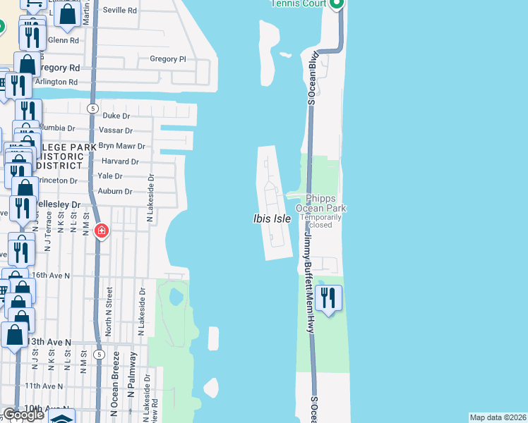 map of restaurants, bars, coffee shops, grocery stores, and more near 2244 Ibis Isle Road West in Palm Beach
