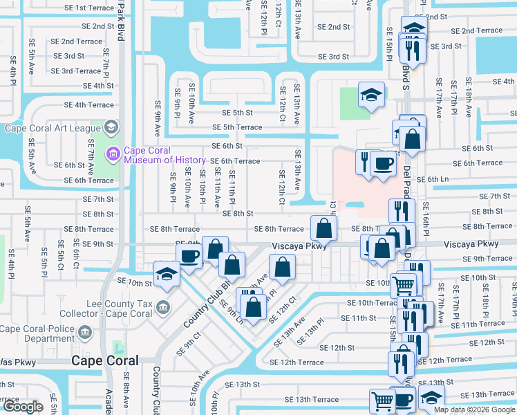 map of restaurants, bars, coffee shops, grocery stores, and more near 1223 Southeast 8th Street in Cape Coral