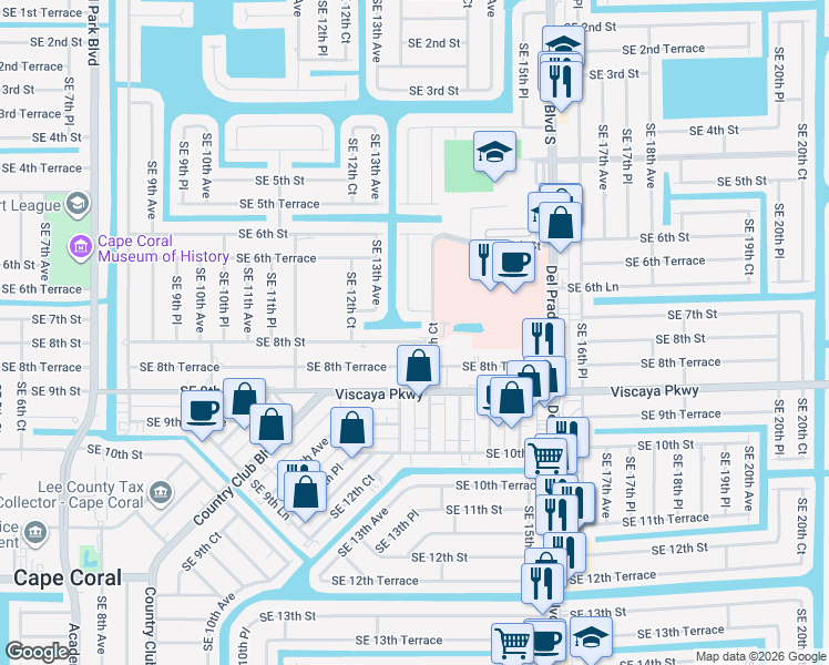 map of restaurants, bars, coffee shops, grocery stores, and more near 1308 Southeast 7th Street in Cape Coral