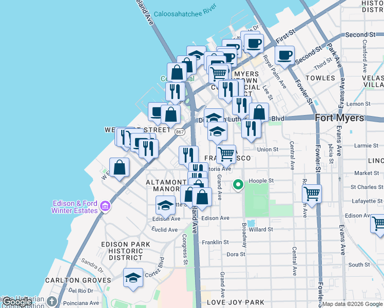 map of restaurants, bars, coffee shops, grocery stores, and more near 2110 Cleveland Avenue in Fort Myers