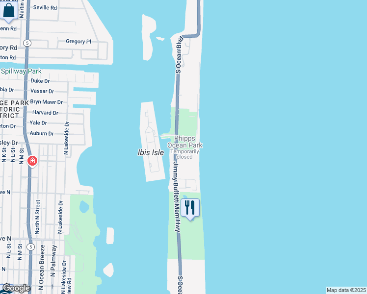 map of restaurants, bars, coffee shops, grocery stores, and more near 2201 South Ocean Boulevard in Palm Beach