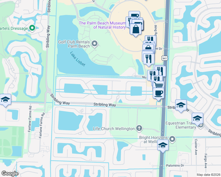 map of restaurants, bars, coffee shops, grocery stores, and more near 2879 Siena Circle in Wellington